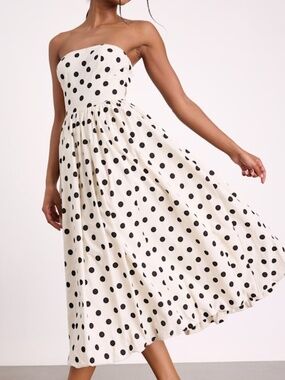 Lulus Terrance Ivory Polka Dot Strapless Bubble-hem Midi Dress White - Size XS